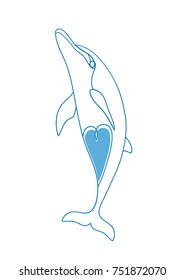 Cute funny dolphin with heart vector outline illustration, digital stamp