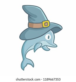 Cute and funny dolphin jumping wearing witch hat for Halloween - vector.