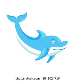 Cute funny dolphin print on white background. Ocean cartoon animal character for design of album, scrapbook, greeting card, invitation, wall decor. Flat colorful vector stock illustration.