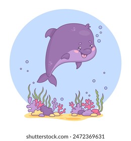 Cute funny dolphin. Underwater world with seaweed and cartoon kawaii character animal. Vector illustration. Kids collection