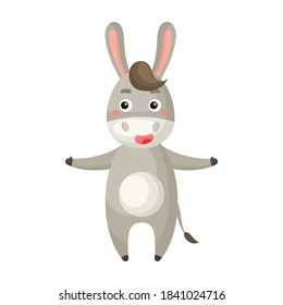 Cute funny donkey print on white background. Domestic cartoon animal character for design of album, scrapbook, greeting card, invitation, wall decor. Flat colorful vector stock illustration.