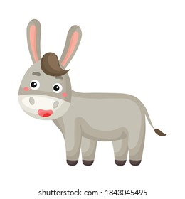 Cute funny donkey print on white background. Domestic cartoon animal character for design of album, scrapbook, greeting card, invitation, wall decor. Flat colorful vector stock illustration.