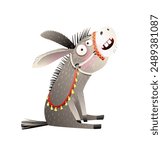 Cute funny donkey sitting laughing illustration for children. Domestic animal, smiling donkey, farmland countryside livestock cartoon. Vector hand drawn character illustration clip art for children.