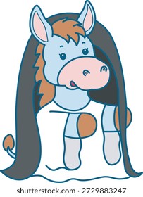 Icono divertido lindo de la etiqueta engomada del burro con el tema de halloween. Burro divertido que lleva un pelo largo y traje de fantasma blanco
