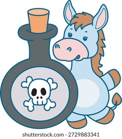 Icono divertido lindo de la etiqueta engomada del burro con el tema de halloween. Burro divertido trae un tóxico negro
