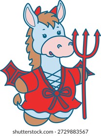 Cute funny Donkey sticker icon with halloween theme. Funny Donkey bring a trident and wearing a red devil costume 