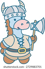 Icono divertido lindo de la etiqueta engomada del burro con el tema de halloween. Burro divertido con un traje vikingo 