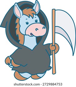 Icono divertido lindo de la etiqueta engomada del burro con el tema de halloween. Burro divertido que lleva un traje de ángel de la muerte 