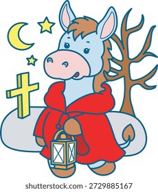 Icono divertido lindo de la etiqueta engomada del burro con el tema de halloween. Burro divertido traer una linterna en la tumba