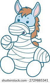 Icono divertido lindo de la etiqueta engomada del burro con el tema de halloween. Burro divertido que lleva un traje de momia