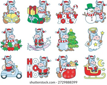 Icono divertido lindo de la etiqueta engomada del burro con el tema de la Navidad. Burro divertido en la variación del traje de sinterklaas