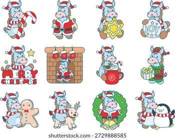 Icono divertido lindo de la etiqueta engomada del burro con el tema de la Navidad. Disfraz de burro divertido con Navidades alegres