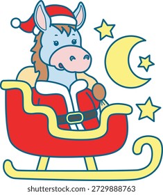 Icono divertido lindo de la etiqueta engomada del burro con el tema de la Navidad. Burro divertido montando un tren