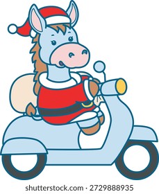 Icono divertido lindo de la etiqueta engomada del burro con el tema de la Navidad. Burro divertido montando una moto