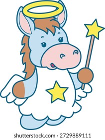 Icono divertido lindo de la etiqueta engomada del burro con el tema de la Navidad. Burro divertido con traje de ángel
