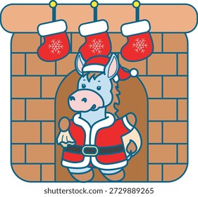 Ícone de adesivo de burro engraçado bonito com tema de Natal. Burro engraçado no local do incêndio
