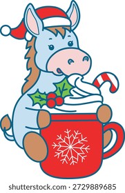 Icono divertido lindo de la etiqueta engomada del burro con el tema de la Navidad. Burro divertido con chocolate caliente