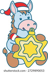 Cute funny Donkey sticker icon with christmas theme. Funny Donkey with yellow stars