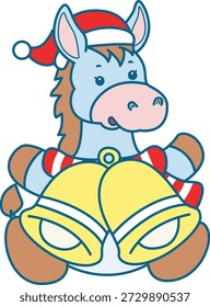 Icono divertido lindo de la etiqueta engomada del burro con el tema de la Navidad. Burro divertido con campanas amarillas