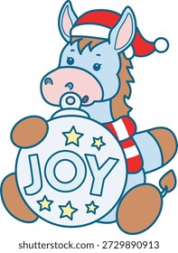 Icono divertido lindo de la etiqueta engomada del burro con el tema de la Navidad. Burro divertido con decoración de alegría