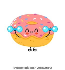 Cute funny Donut character with dumbbells. Vector hand drawn cartoon kawaii character illustration icon. Isolated on white background. Onion character gym concept