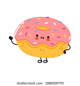 Curioso personaje de Donut ondeando mano. Caricatura dibujada a mano del vector icono de ilustración del personaje kawaii. Aislado sobre fondo blanco. Concepto de carácter de donut