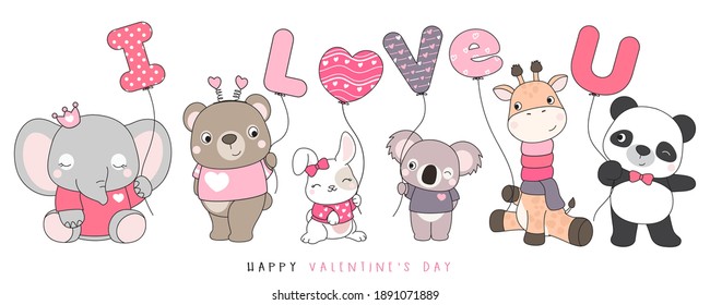 Cute funny doodle animals for valentine's day illustration