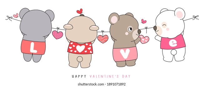 Cute funny doodle bear for valentine's day illustration