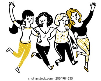 Cute and funny doodle character of diverse women, holding hands, running and jumping together, having fun, smiling and enjoying friendship. Outline, hand drawn sketch, simple style. 