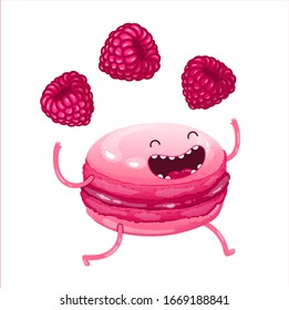 Cute funny doodle character raspberry macaroon juggles raspberries.
