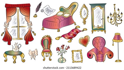 Cute funny doodle classic baroque style furniture set. Hand drawn bright colorful vintage furniture collection on white background isolated. Vector illustration.