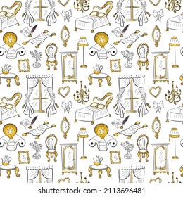 Cute lustige Doodle klassische barocke Möbel Set. Handgezeichnete, helle, bunte Vintage-Möbelkollektion auf weißem Hintergrund einzeln. Vektorgrafik.