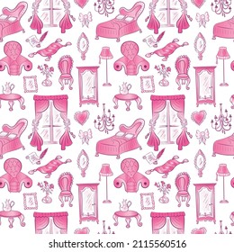 Cute funny doodle classic baroque style furniture seamless pattern. Hand drawn bright colorful vintage furniture collection on white background. Vector illustration.