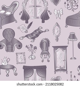 Cute lustige Doodle klassische barocke Möbel Set. Handgezeichnete Vintage Möbelkollektion nahtlos Muster. Vektorgrafik.