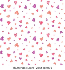 Cute Funny Doodle love Background. Playful child Drawings seamless Pattern. Simple Crayon Sketch hearts. Template for cover, package, Banner, wrapping paper Design