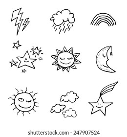 Cute and funny doodle style weather icons set isolated on white background