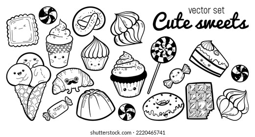 Cute funny doodle sweet characters isolated on white background. Vector kawaii hand drawn desserts illustration set. Outline black and white ice cream, cupcake, candy, cookies, croissant.