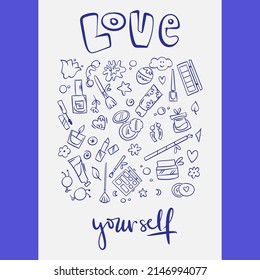 Cute lustige Doodle-Vektorplakat oder -karte mit coolen Elementen und Schönheitsbuchstaben für Modemädchen
