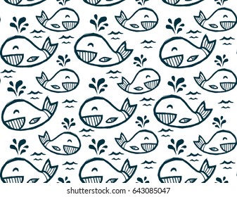 Cute funny doodle whales in cartoon style, vector seamless pattern