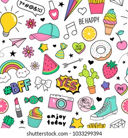 Cute funny doodles seamless pattern on white background for teenage girls