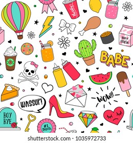 Cute funny doodles seamless pattern on white background for teenage girls