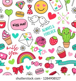 Cute funny doodles seamless pattern on white background. Love concept elements for valentine's day. 