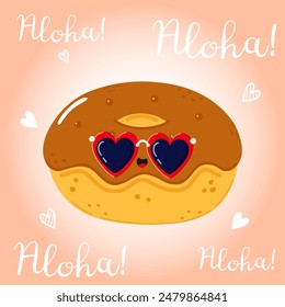 Cute funny Doughnut character. Vector hand drawn cartoon kawaii character illustration icon. Isolated on pink background. Happy Doughnut character concept. Aloha card