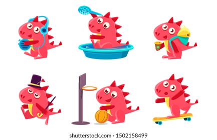 Cute Funny Dragon Character Set, Funny Fantastic Animal in Different Situations Vector Illustration