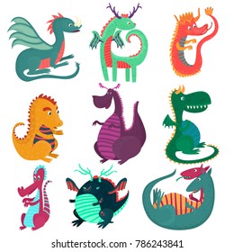 Cute funny dragon characters set, cchildish cartoon style fairy dragons vector Illustrations