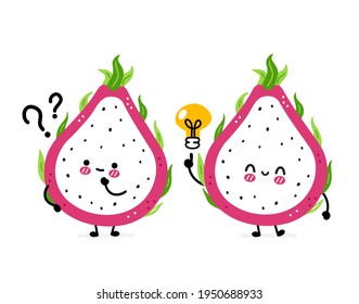 Cute funny dragon fruit with question mark and idea lightbulb. Vector hand drawn cartoon kawaii character illustration icon. Isolated on white background. Dragon fruit, exotic food character concept