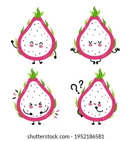 Cute funny dragon fruit set collection. Vector hand drawn cartoon kawaii character illustration icon. Isolated on white background. Dragon fruit, exotic food character bundle concept