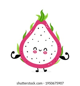 Cute funny dragon fruit show muscle. Vector hand drawn cartoon kawaii character illustration icon. Isolated on white background. Dragon fruit, exotic food character concept