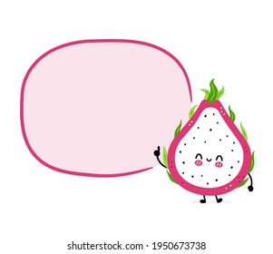Curiosa fruta de dragón con burbuja de habla. Caricatura dibujada a mano del vector icono de ilustración del personaje kawaii. Aislado sobre fondo blanco. Fruto de dragón, concepto de comida exótica