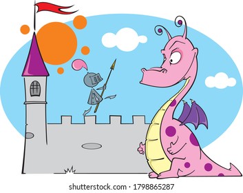 Cute funny dragon and knight by a castle in cartoon style
